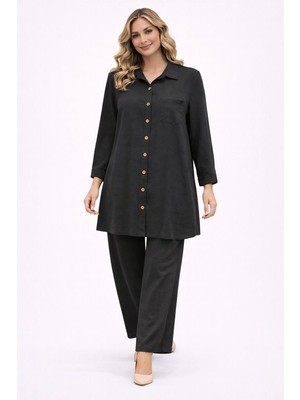 BezeXL Büyük Beden Eteği Lastikli Keten Ikili Takım Siyah