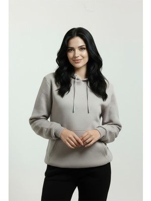 Veleno Taş Kadın 3 Iplik Polarlı Yünlü  Kapüşonlu Kanguru Cepli Sweat  Yumuşak Puf Kumaş