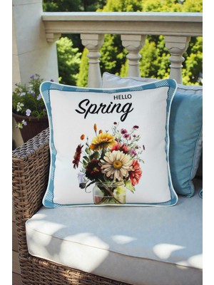 Visionario Kırlent Kılıfı Bahar Temalı Hello Spring 45X45 Raşel Örme Kadife Dijital Baskı Beyaz Biyeli