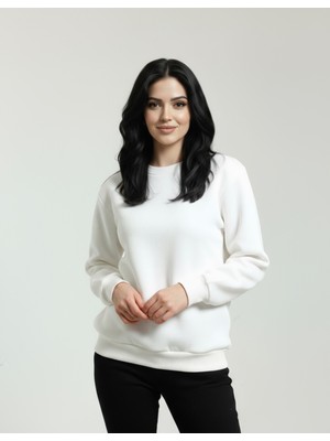 Veleno Beyaz Kadın 3 Iplik Polarlı Yünlü Sıfır Yaka Sweat  Yumuşak Puf Kumaş