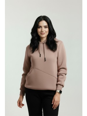 Veleno Kahverengi Kadın 3 Iplik Polarlı Yünlü  Kapüşonlu Yandan Cepli Sweat  Yumuşak Puf Kumaş