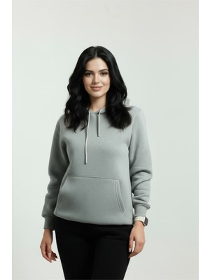 Veleno Gri Kadın 3 Iplik Polarlı Yünlü  Kapüşonlu Kanguru Cepli Sweat  Yumuşak Puf Kumaş