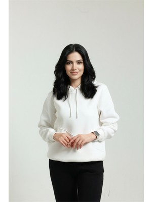 Veleno Beyaz Kadın 3 Iplik Polarlı Yünlü  Kapüşonlu Yandan Cepli Sweat  Yumuşak Puf Kumaş