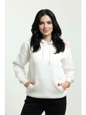 Veleno Beyaz Kadın 3 Iplik Polarlı Yünlü  Kapüşonlu Kanguru Cepli Sweat  Yumuşak Puf Kumaş