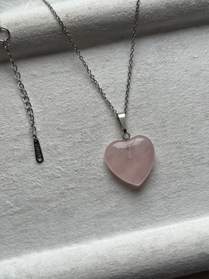 Pel Design Kalp Pembe Kuvars Taşı Çelik Kolye El Yapımı