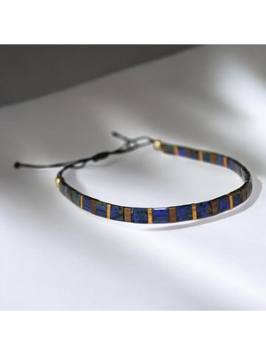 DEHNA Tila Boncuklu Lacivert–altın–antik Sarı Unisex Ayarlanabilir El Yapımı Bileklik