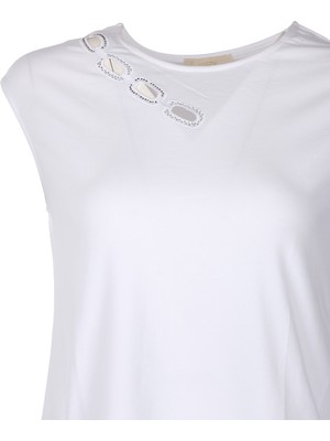 Daido Vedi Minimalist Oversize Kadın Tişört - Taş Detaylı Kısa Kol