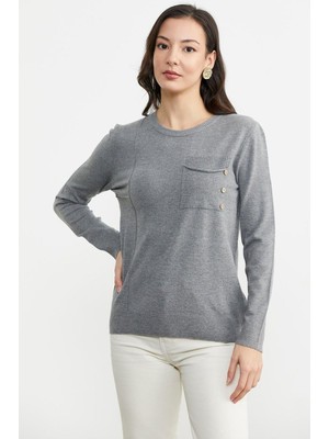 Mare Butik Düğme Detaylı Cepli Triko Kazak S - Gri