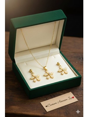 Papatya Silver 925 Ayar Gümüş Gold Kaplama Ay Taşı Yasemin Çiçeği Kolye ve Küpe Ay Taşı