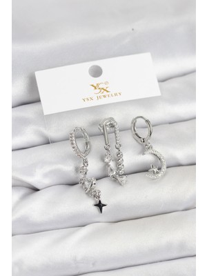Senson Pirinç Gümüş Renk Zirkon Taşlı Uzay Model Ysx Trio Küpe Seti - Lisinya
