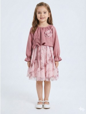 Bağcık Detaylı Beli ve Kolu Büzgülü Kız Çocuk Elbise 4-8 Yaş 4418