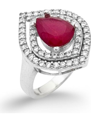 Oya Silver Zirkon Çevrili Damla Formunda Yakut Taşlı Kadın Gümüş Yüzük [OYSY096]