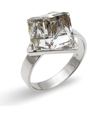 Oya Silver Kare Küp Kristal Taşlı Kadın Gümüş Yüzük [OYSY102]