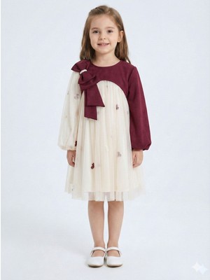 Bordo Kollu Fiyonk Detaylı Çiçek Işlemeli Tüllü Kız Çocuk Elbise 4-10 Yaş 4419