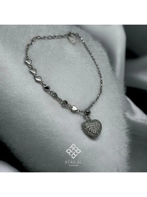 Atas Al Diamond Kalp Dizilim Asansörlü Kalp Bileklik 925 Gümüş