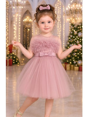 Treemass Kız Çocuk Abiye Elbisesi Tüllü Pembe Midi Düğün ve Doğum Günü İçin Şık Tasarım