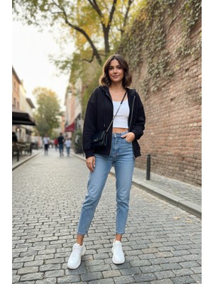 Le'sluette Kadın Oversize %100 Pamuk Fermuarlı Kapüşonlu Önü Kesikli Sweatshirt Siyah