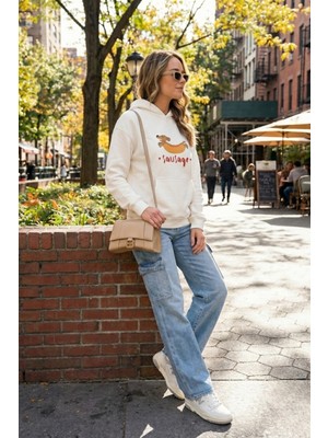 Le'sluette Kadın Relaxed %100 Pamuk Karyoka Dikişli Baskılı Kapüşonlu Sweatshirt