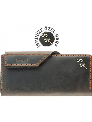 Değirmen Grup Isme Özel Dikey Çıtçıtlı Uzun Cüzdan - %100 Crazy Deri - A010002 - Kahverengi