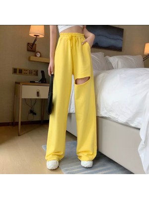 Punix Punıx Özel Seri Diz Yırtık Detaylı Yüksek Bel Sokak Modası %100 Pamuk Ispanyol Paça Yazlık  Kadın Eşofman Altı