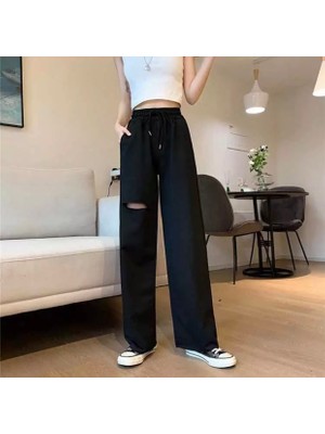 Punix Punıx Özel Seri Diz Yırtık Detaylı Yüksek Bel Sokak Modası %100 Pamuk Ispanyol Paça Yazlık  Kadın Eşofman Altı