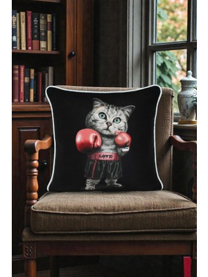 Visionario Kırlent Kılıfı Boksör Kedi Desenli 45X45 Raşel Örme Kadife Çift Taraflı Dijital Baskı Beyaz Biyeli