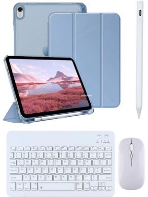 Covpor Apple iPad 11. Nesil A16 ve 10.nesil 10.9 Uyumlu Flip Kılıf Gökyüzü+Bluetoothlu Klavye Mouse+Kalem