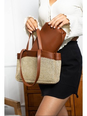 Özüm Takı Çanta A Kaiite Ithal Hasır Yavru Çantalı Kadın El ve Kol Çantası Krem Kahverengi