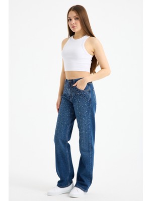 JUST UNIQUE DENIM J.U.D Lopez 249-1 Normal Bel Taşlı Koyu Mavi Comfort Straight Jeans Kadın