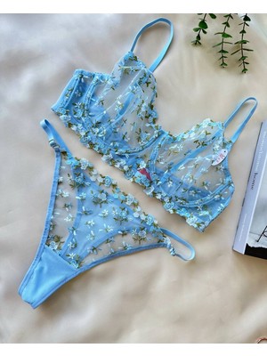 Lovelace Butik Tül Detay Brode Sütyen Takımı Mavi