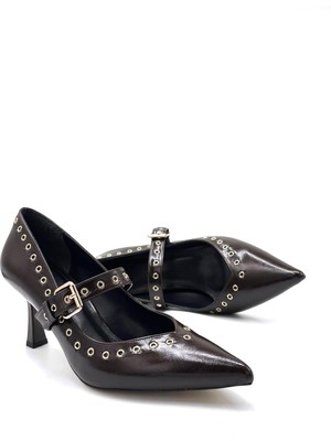 Kindep Kapadokya Trok Detaylı Sivri Burun Topuklu Kadın Ayakkabı Kahve