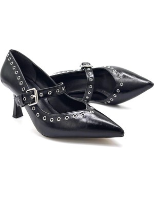 Kindep Kapadokya Trok Detaylı Sivri Burun Topuklu Kadın Ayakkabı Siyah