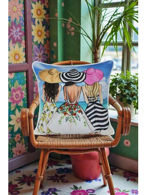 Visionario Kırlent Kılıfı Figürlü Desen 45X45 Raşel Örme Kadife Çift Taraflı Dijital Baskı Beyaz Biyeli