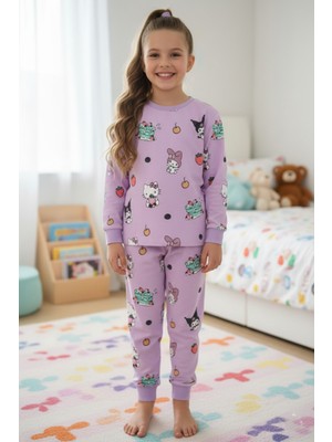 Bunny Hopp Desenli Kız Çocuk Pijama Takımı %100 Pamuk Mevsimlik Bisiklet Yaka Manşetli