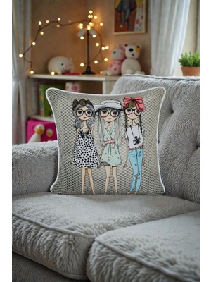 Visionario Kırlent Kılıfı Figürlü Desen 45X45 Raşel Örme Kadife Çift Taraflı Dijital Baskı Beyaz Biyeli