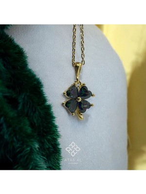 Atas Al Diamond Altın Kaplama Yonca Kalp Kristal Taşlı 925 Ayar Gümüş Kolye Italyan Tasarım