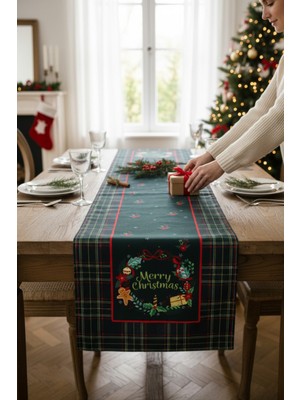 Visionario Masa Örtüsü Runner Yılbaşı Temalı Merry Christmas 140X40 Raşel Örme Kadife Dijital Baskı