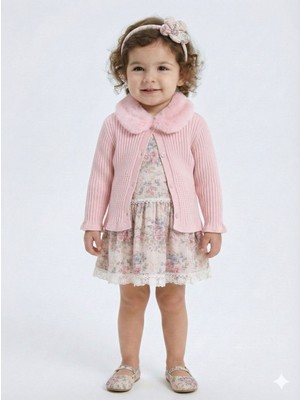Kız Çocuk Çiöekli Elbise + Kürk Yakalı Bolero 1-5 Yaş 4741