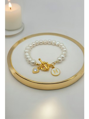 Xtakı Gerçek Inci Bileklik - Harfli ve Kalp Charmlı Doğal Tatlı Su Incisi - Sevgililer Günü Hediyesi