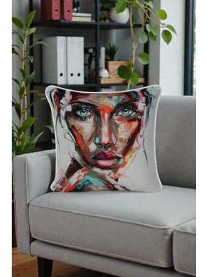 Visionario Kırlent Kılıfı Insan Figür Desenli 45X45 Raşel Örme Kadife Çift Taraflı Dijital Baskı Beyaz Biyeli