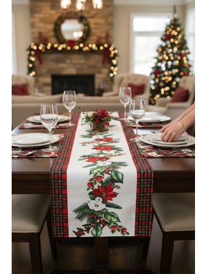 Visionario Masa Örtüsü Runner Yılbaşı Temalı Çiçek Desenli 140X40 Raşel Örme Kadife Dijital Baskı