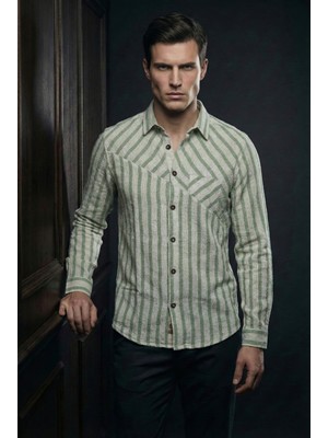 Hobi Clup Çizgili Göğüs Cepli Erkek Gömlek