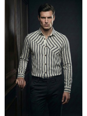 Hobi Clup Çizgili Göğüs Cepli Erkek Gömlek