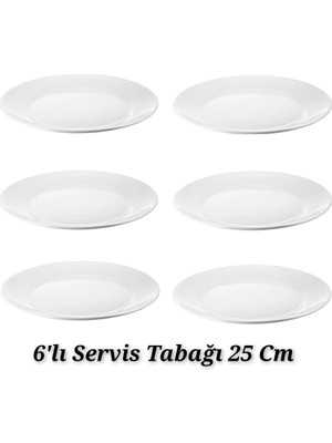 IKEA Quality 6 Adet 25 cm Servis Tabağı Temperli Cam Sunum Tabağı Beyaz Renk Tabak