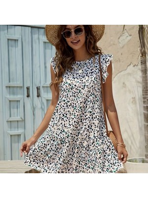 Kendim Fashion Kadın Kısa Kollu Bisiklet Yaka Etek Ucu Volanlı Kısa Dokuma Elbise