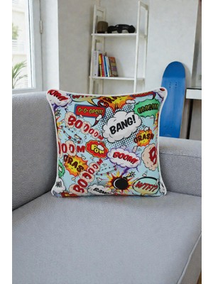 Visionario Kırlent Kılıfı Karikatür Desenli 45X45 Raşel Örme Kadife Çift Taraflı Dijital Baskı Beyaz Biyeli