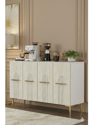 Yumedi Design KA1215BT - Shumen Konsol, Tv Sehpası, Çok Amaçlı Dolap ve Kahve Köşesi 120CM Beyaz-Traverten