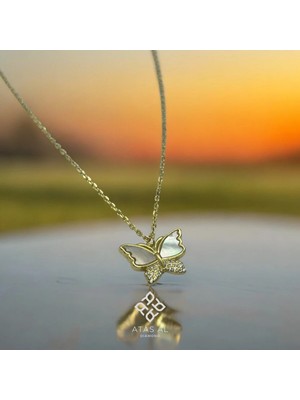 Atas Al Diamond Altın Kaplama Kelebek & Taş Işlemeli 925 Ayar Gümüş Kolye
