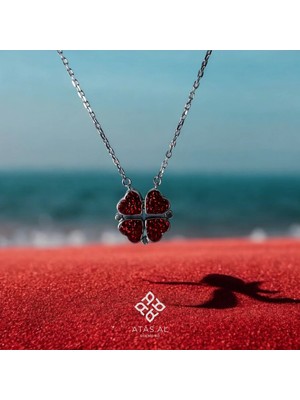 Atas Al Diamond Çift Taraflı Kalp Yonca Kırmızı & Beyaz 925 Ayar Mıknatıslı Gümüş Kolye