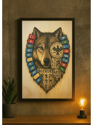 Bozkurt Türk Sembolleri Temalı Dekoratif Tablo (Çerçeveli)